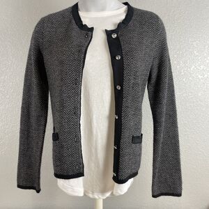 Ann Taylor Merino Wool Blend Sweater Cardigan Black Herringbone Button-Up Sz MP